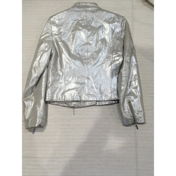 Collection Metallic Silver Leather Women's Small Moto biker jacket rebel rock - Picture 10 of 12